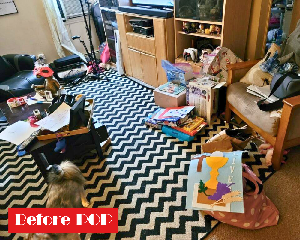 Before working with us: Family living room with a lot of clutter all over the floor