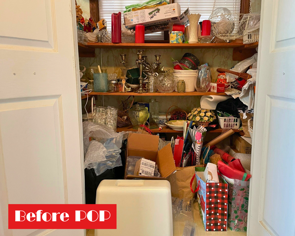 Before working with Precision Organizing Plus: A disorganized storage closet with a lot of clutter