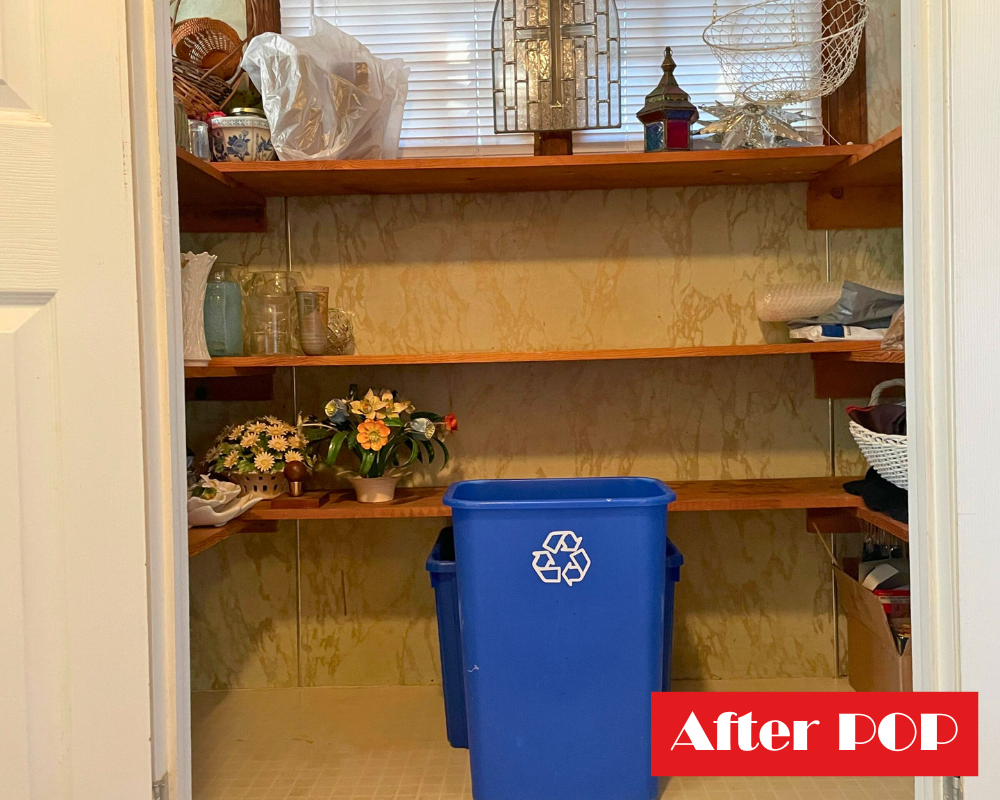 After working with Precision Organizing Plus: An organized storage closet with a blue recycle bin in front
